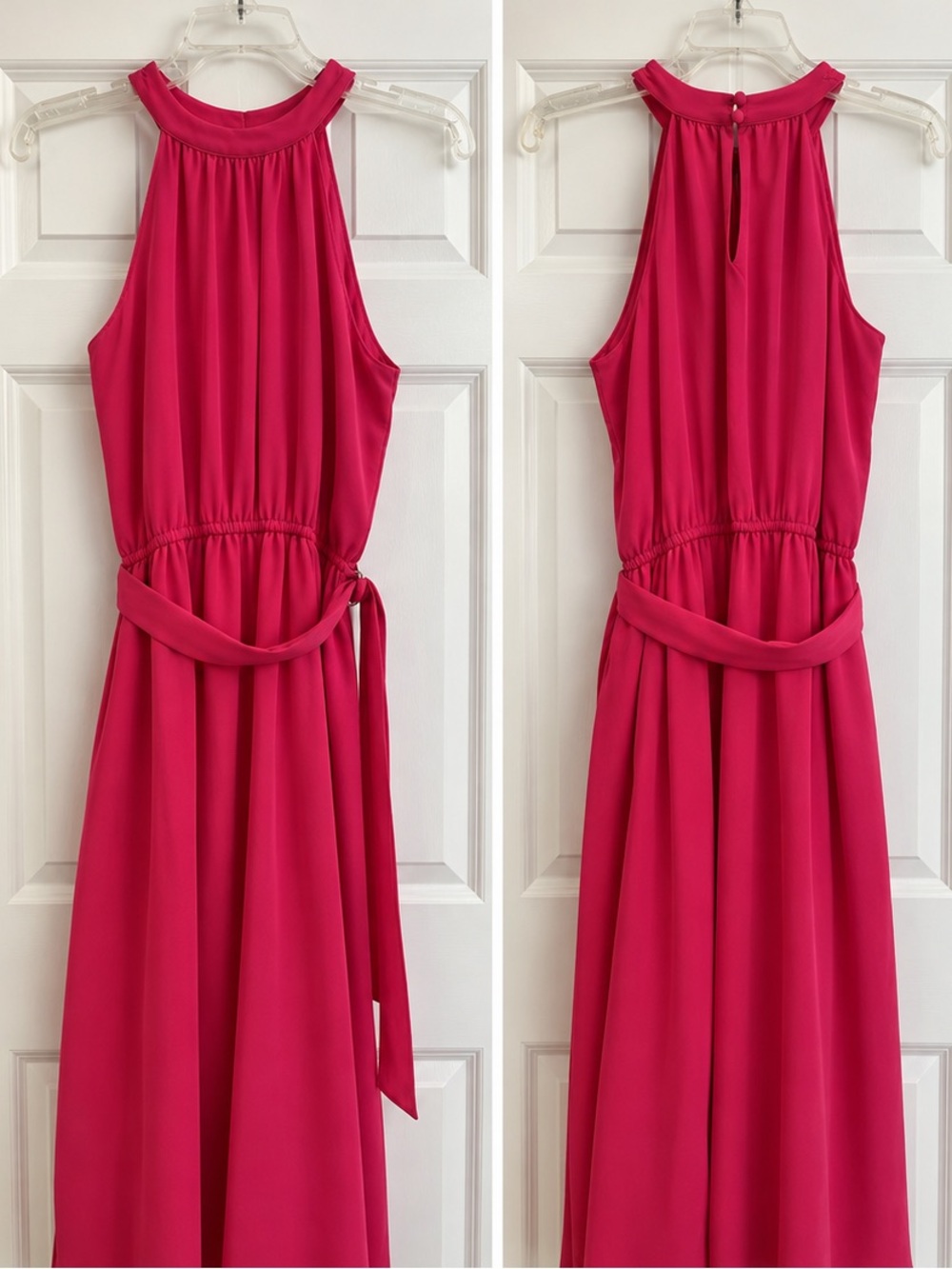 LOFT Hot Pink Halter Midi Dress with Self-Tie Belt